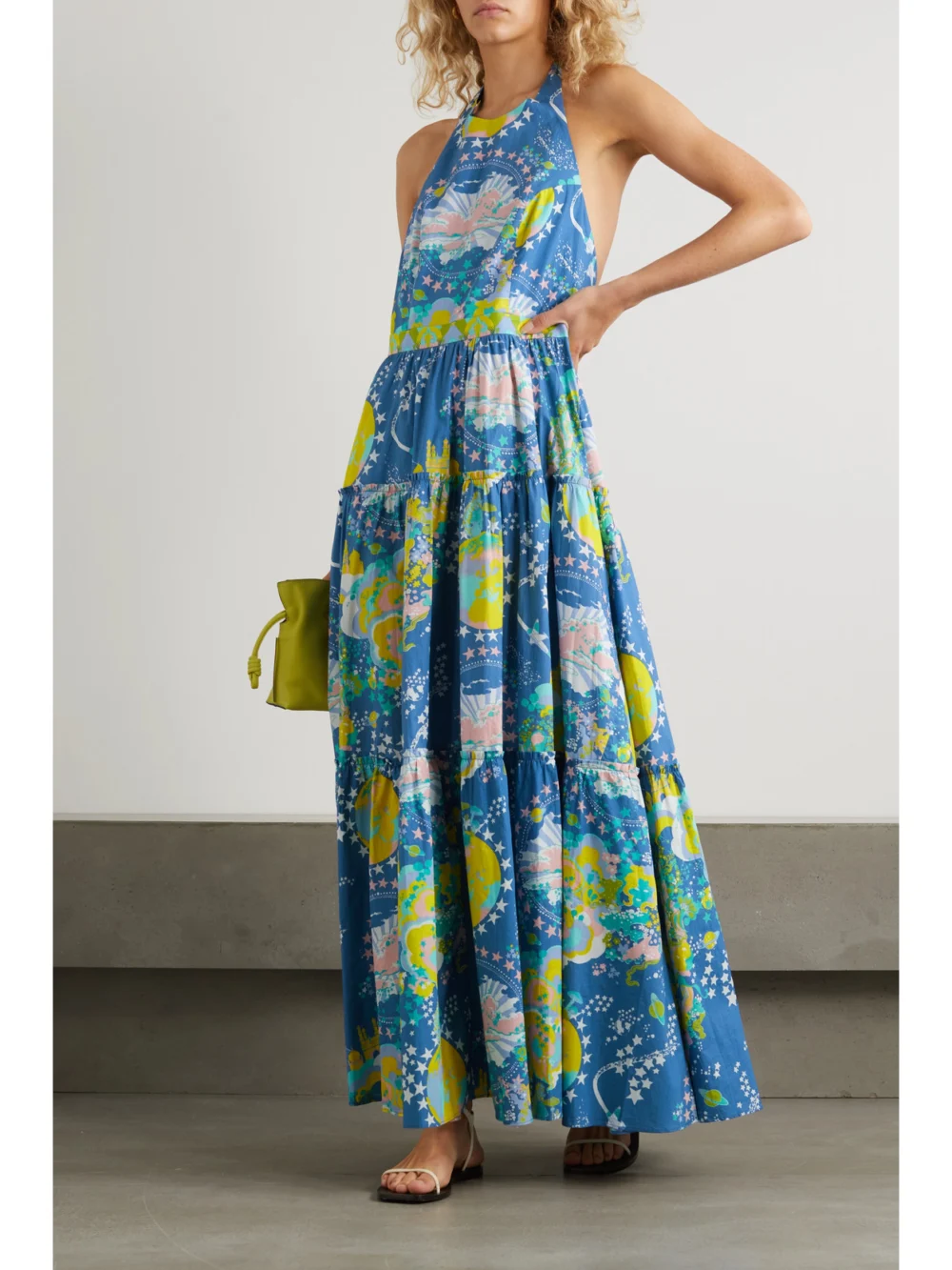 Emporio Sirenuse Isotta Tiered Printed Cotton-poplin Halterneck Maxi Dress, worn by a model