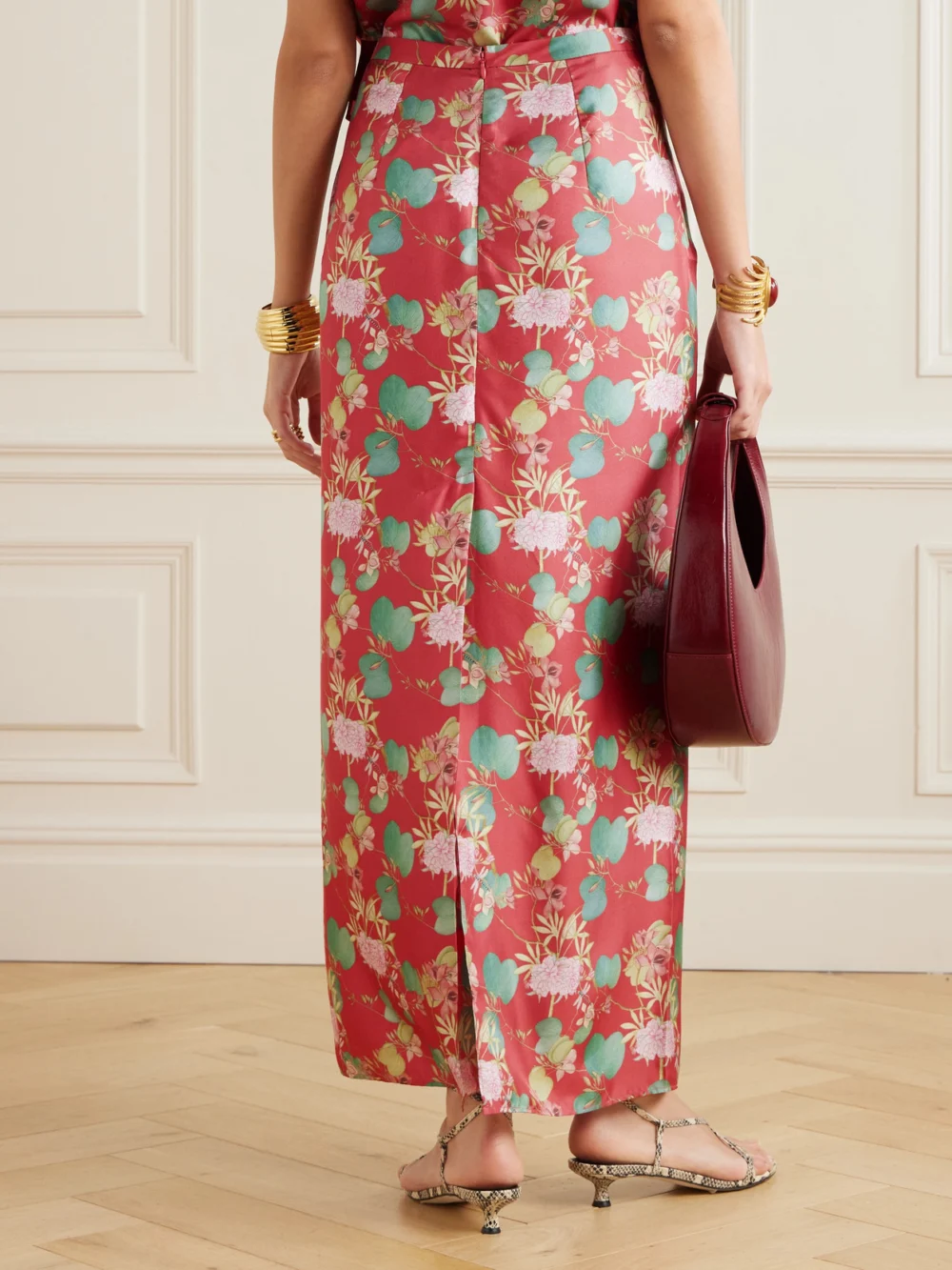 Back view of the Emporio Sirenuse Laurelle Dragonfly Floral-print Silk-twill Maxi Skirt
