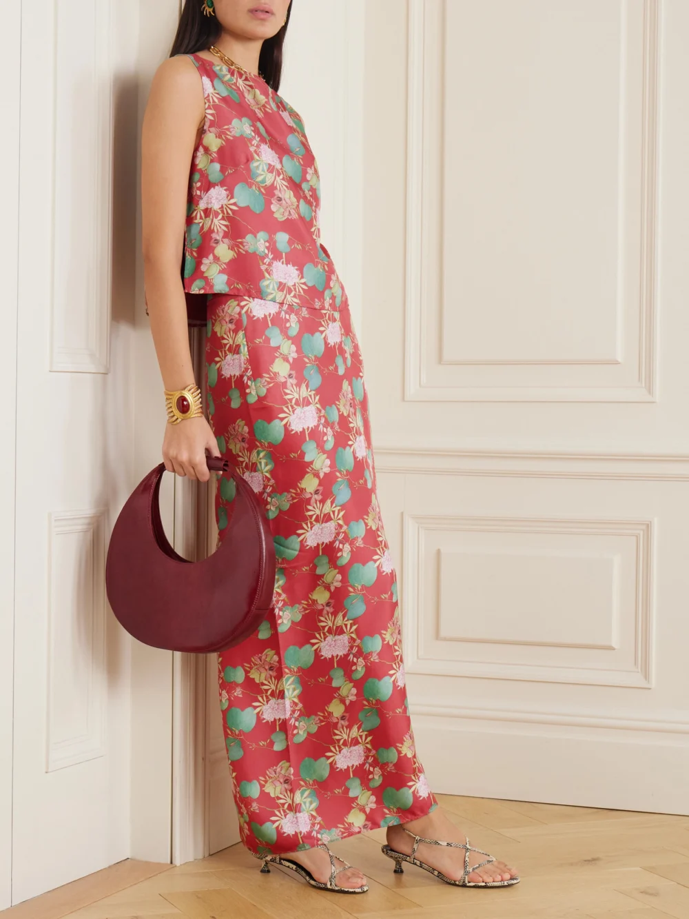 Emporio Sirenuse Laurelle Dragonfly Floral-print Silk-twill Maxi Skirt, worn by a model
