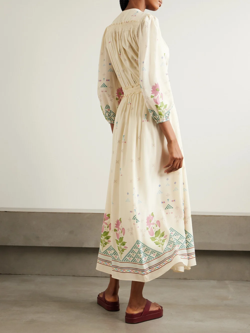 Back view of the Emporio Sirenuse Lavinia Belted Floral-print Silk Crepe De Chine Wrap Maxi Dress