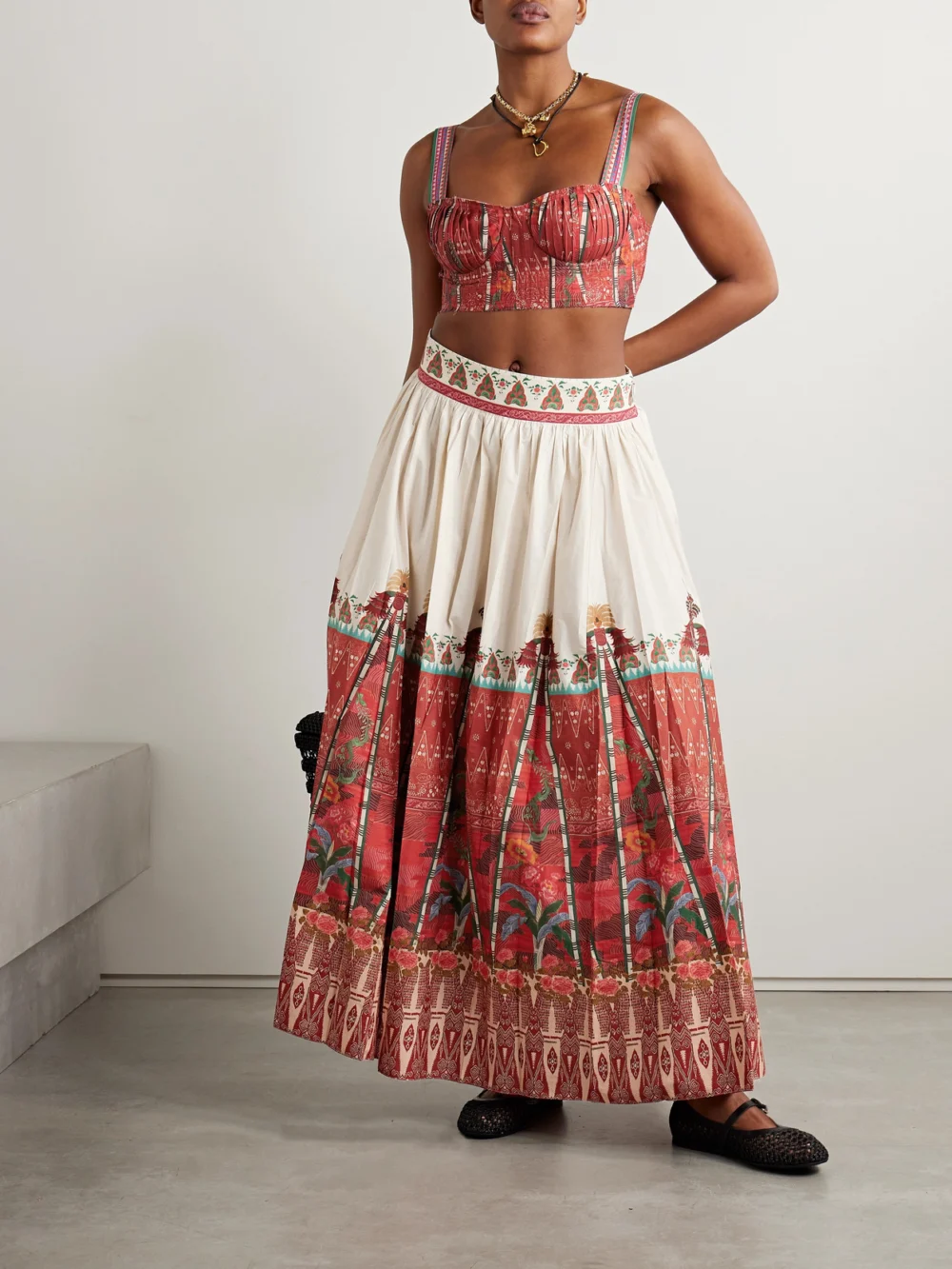 Emporio Sirenuse Ombretta Pleated Printed Cotton Maxi Skirt, worn by a model