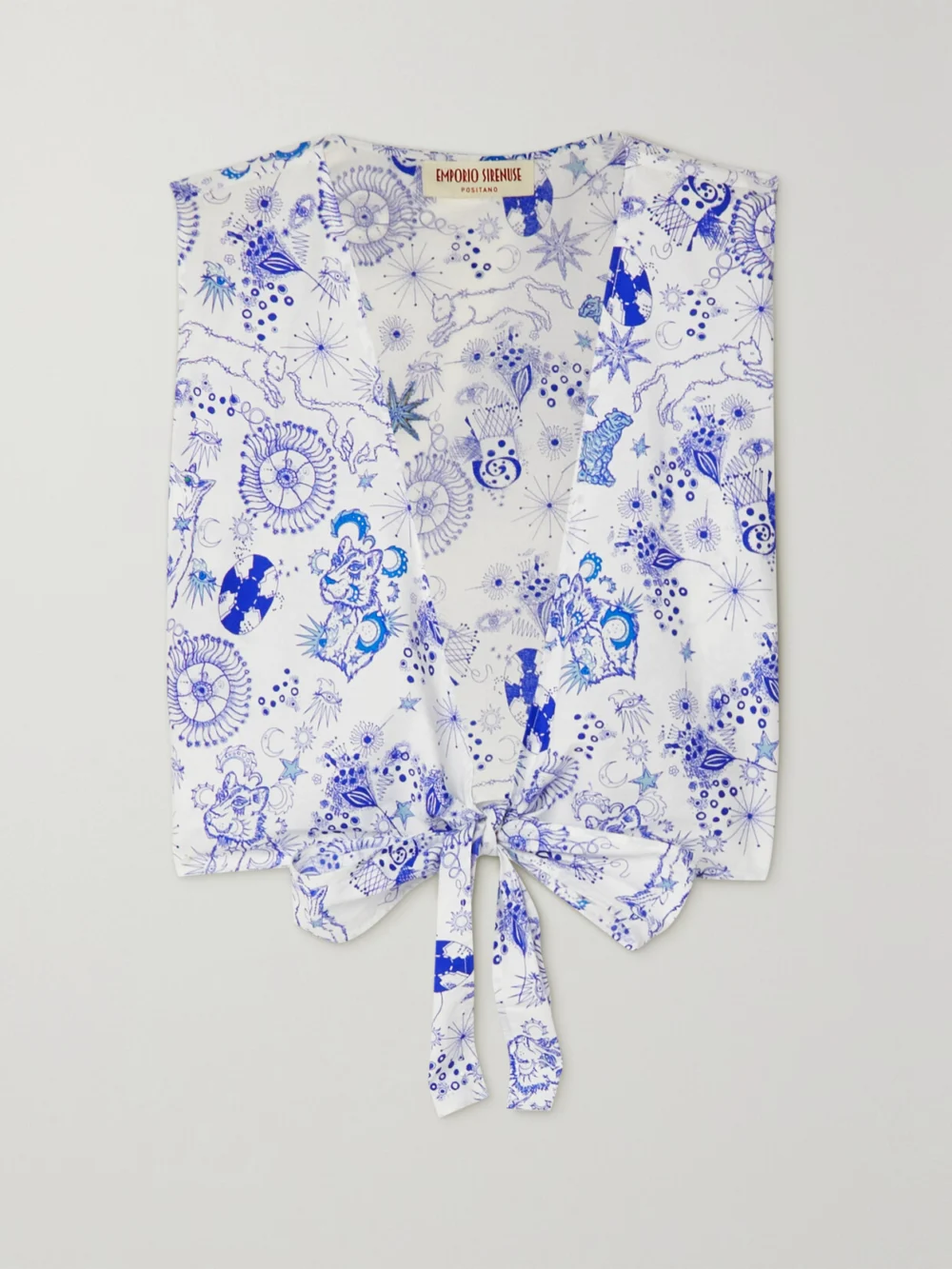 Emporio Sirenuse Sonia Cropped Bow-detailed Printed Cotton-poplin Top in blue
