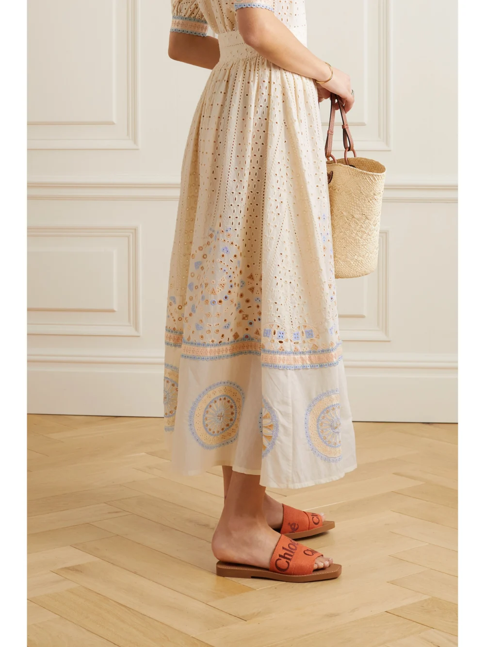 Back view of the Emporio Sirenuse Suri Amalfi Broderie Anglaise Cotton Midi Skirt