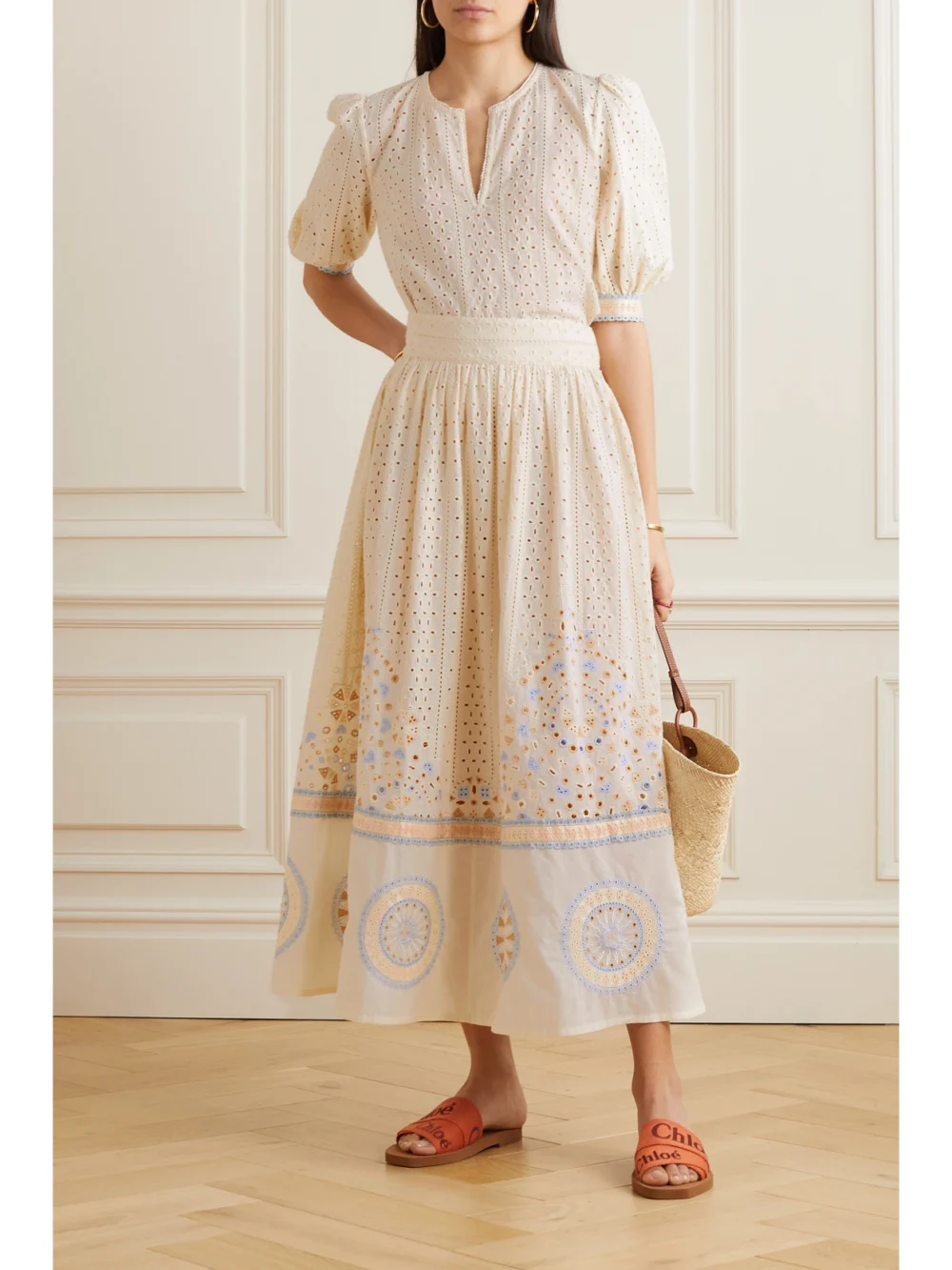 Emporio Sirenuse Suri Amalfi Broderie Anglaise Cotton Midi Skirt, worn by a model
