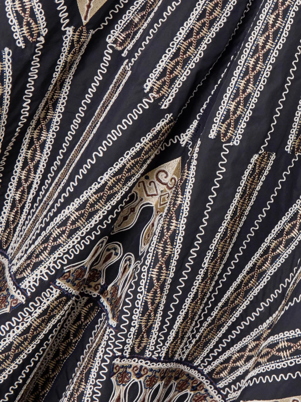 Close-up detail of the Emporio Sirenuse Tasha 2 Calliope Paneled Embroidered Cotton-blend Poplin Midi Skirt
