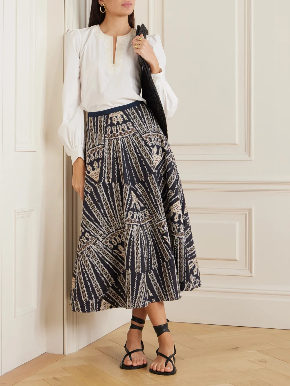 Emporio Sirenuse Tasha 2 Calliope Paneled Embroidered Cotton-blend Poplin Midi Skirt, worn by a model