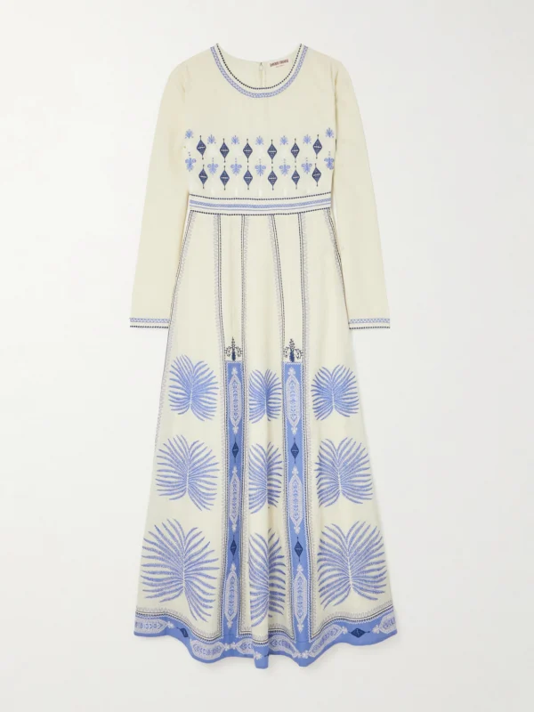 Emporio Sirenuse Tracey Paneled Embroidered Linen and Cotton-blend Maxi Dress