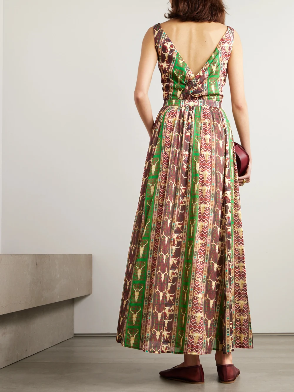 Back view of the Emporio Sirenuse Tullia Arizona Pleated Printed Cotton Maxi Dress