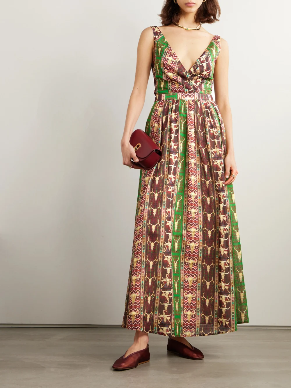 Emporio Sirenuse Tullia Arizona Pleated Printed Cotton Maxi Dress, worn by a model