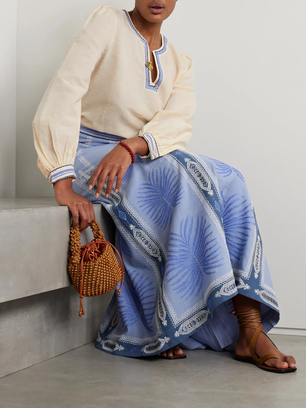 Emporio Sirenuse Vera Embroidered Linen and Cotton-blend Voile Blouse, worn by a model