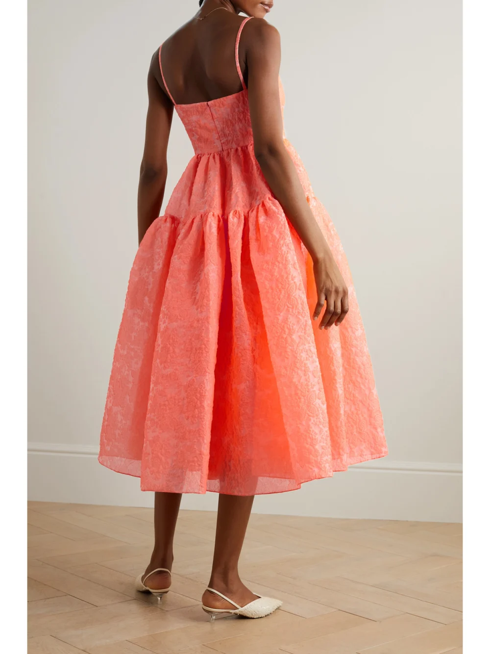 Back view of the Erdem Abelia Tiered Cloqué Midi Dress
