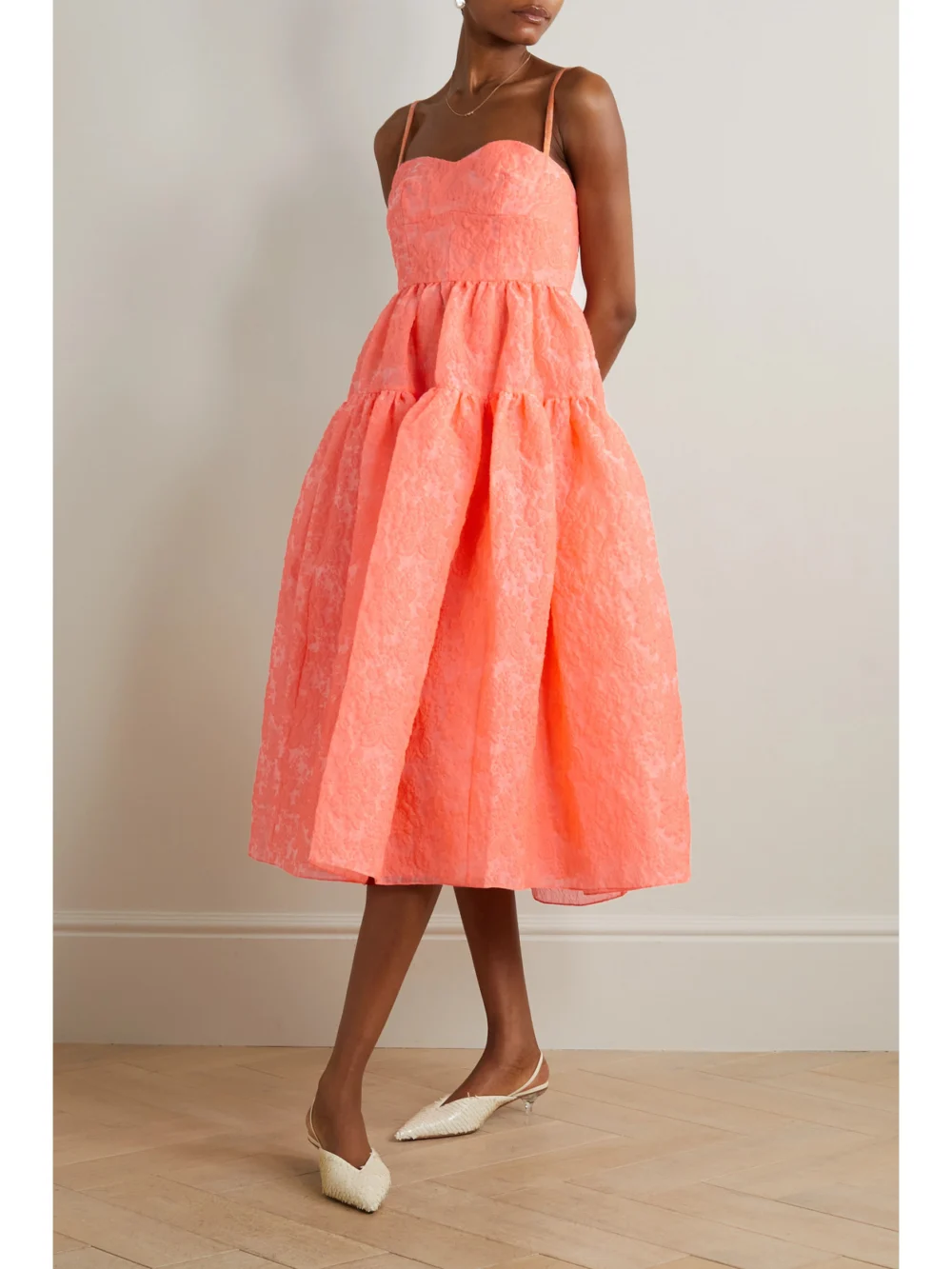 Erdem Abelia Tiered Cloqué Midi Dress, worn by a model