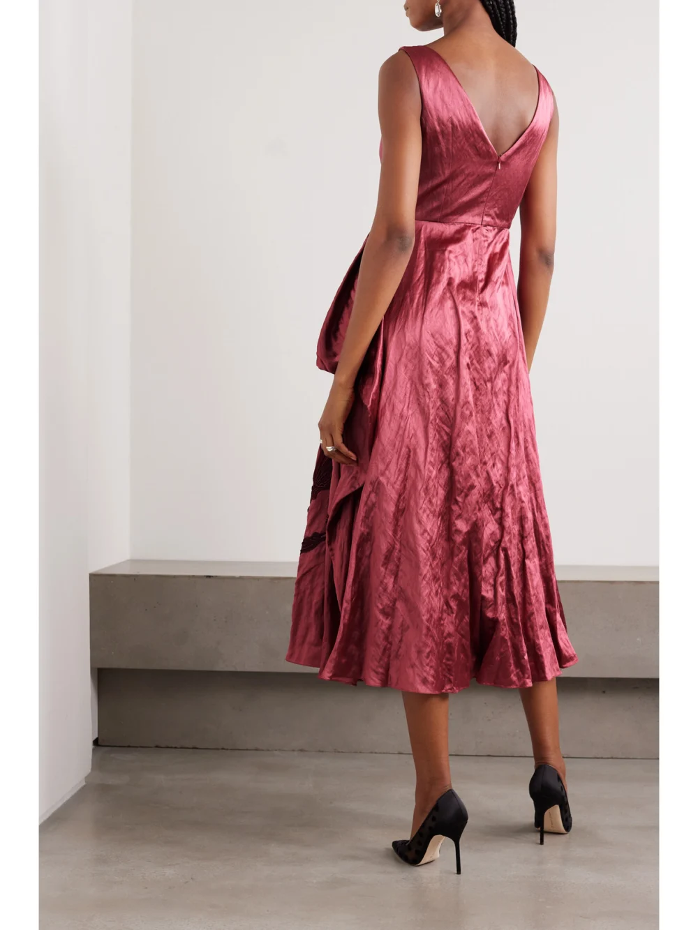 Back view of the Erdem Appliquéd Ruffled Textured-satin Midi Dress