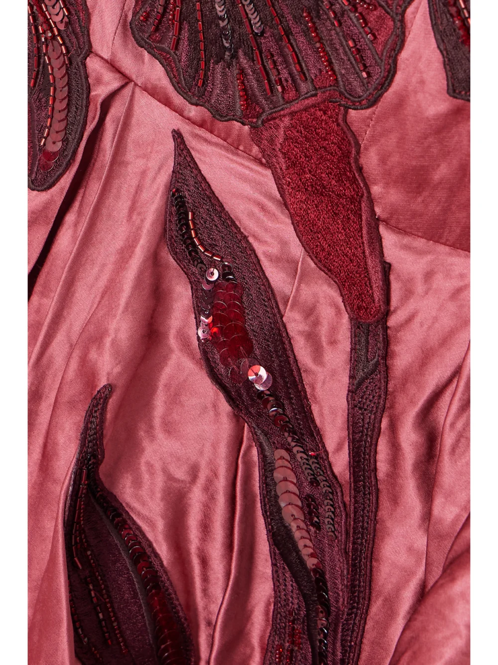 Close-up detail of the Erdem Appliquéd Ruffled Textured-satin Midi Dress