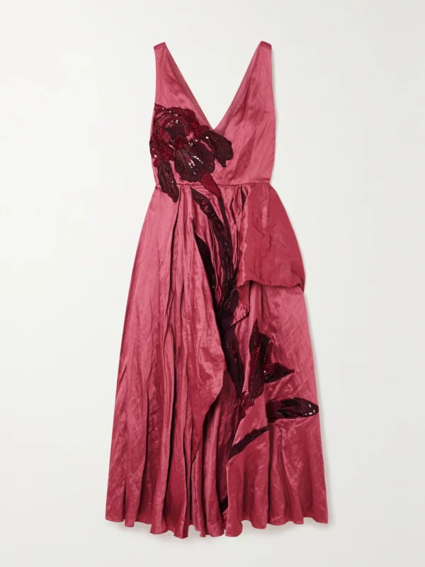 Erdem Appliquéd Ruffled Textured-satin Midi Dress
