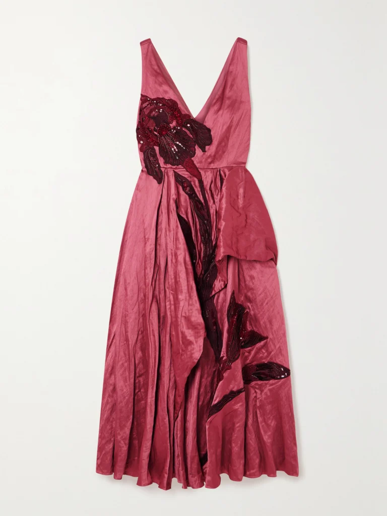 Erdem Appliquéd Ruffled Textured-satin Midi Dress