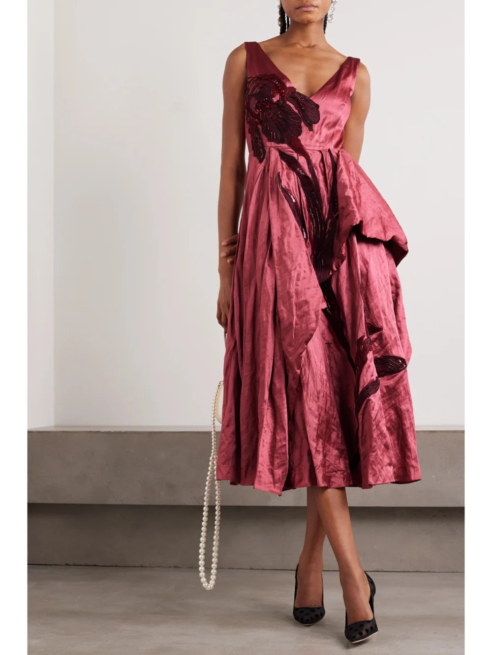 Erdem Appliquéd Ruffled Textured-satin Midi Dress, worn by a model