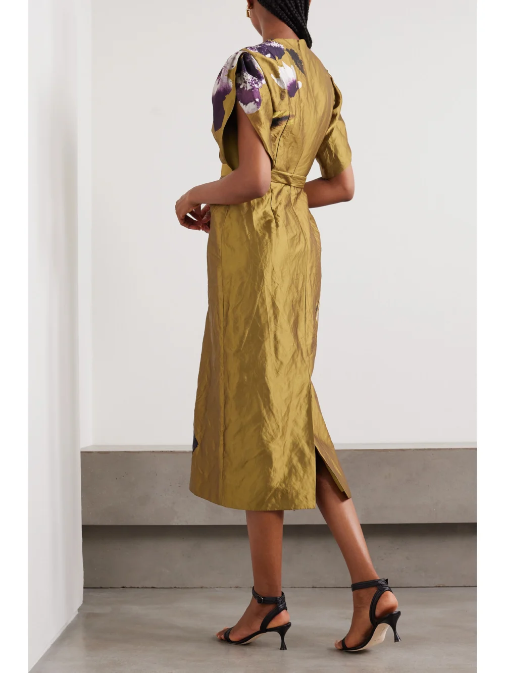 Back view of the Erdem Astrea Floral-print Crinkled-satin Midi Dress