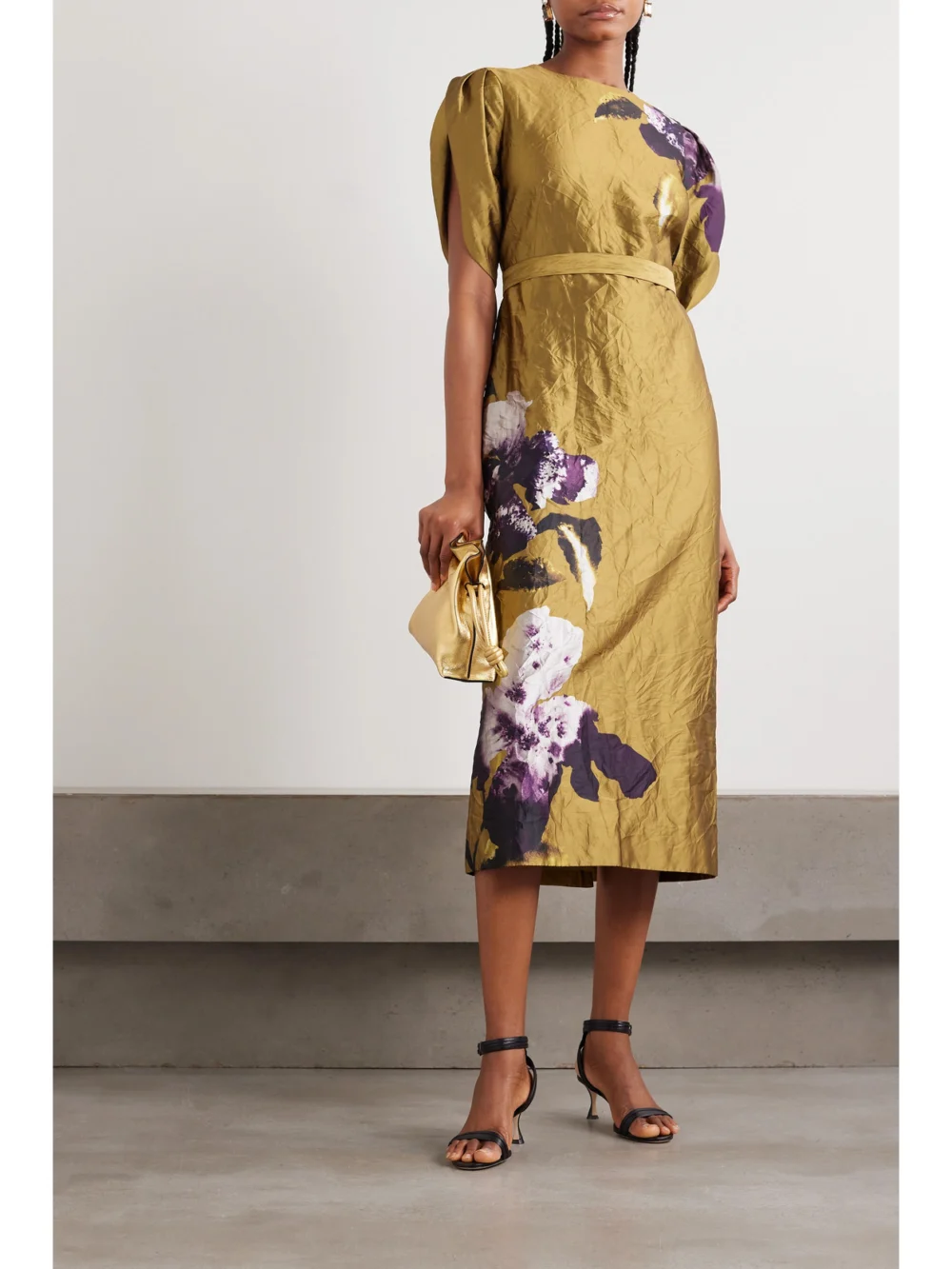 Erdem Astrea Floral-print Crinkled-satin Midi Dress, worn by a model