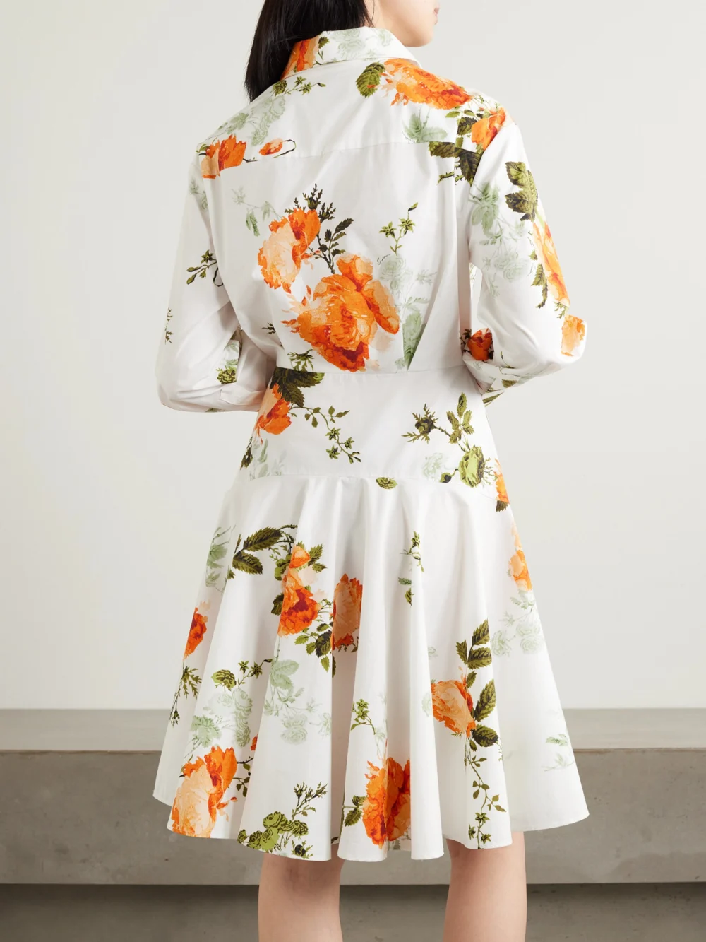Back view of the Erdem Asymmetric Pleated Floral-print Cotton-poplin Mini Shirt Dress