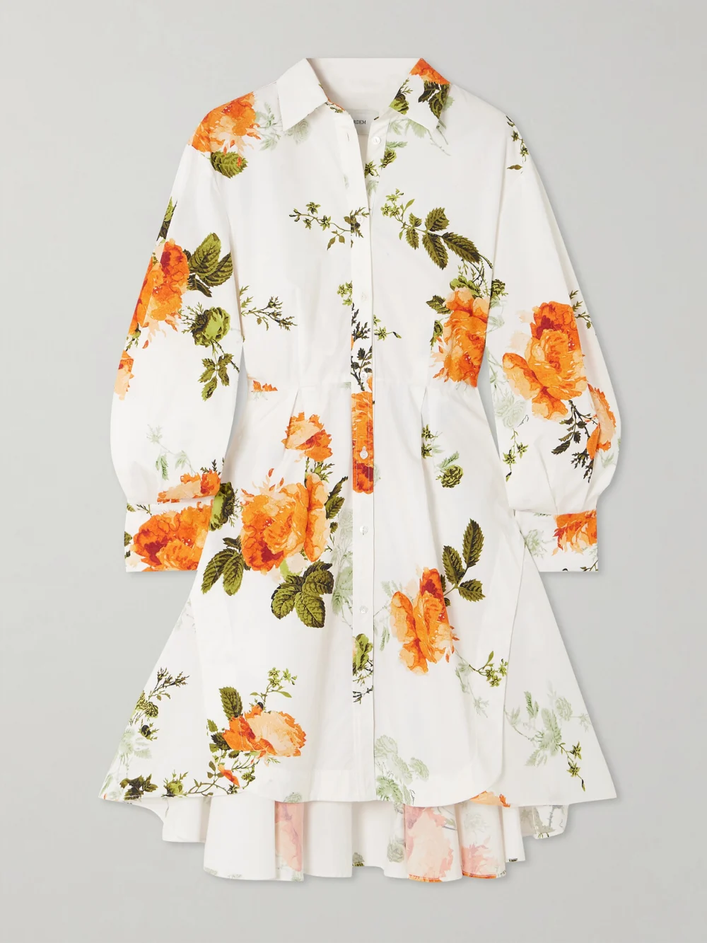 Erdem Asymmetric Pleated Floral-print Cotton-poplin Mini Shirt Dress in white