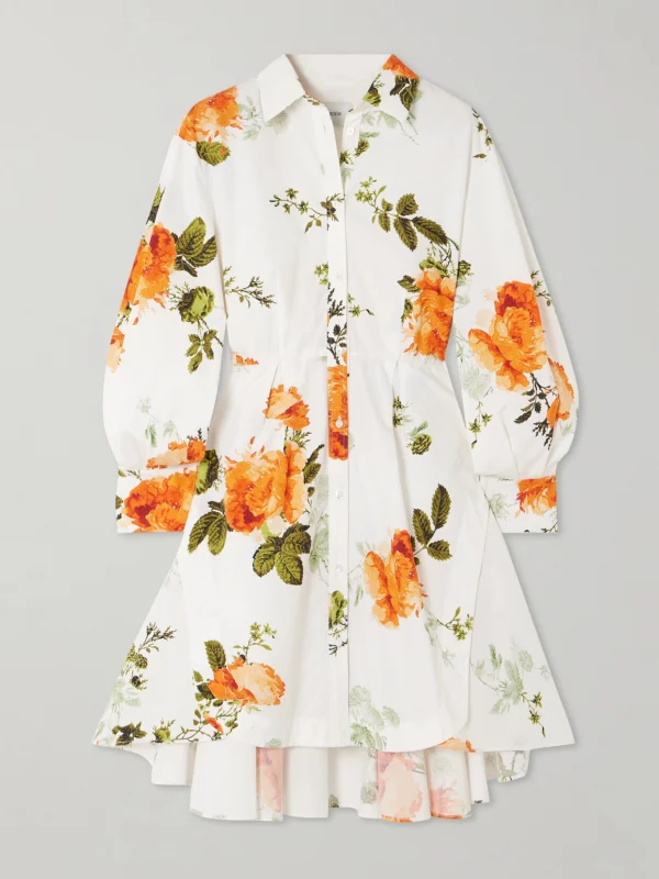 Erdem Asymmetric Pleated Floral-print Cotton-poplin Mini Shirt Dress