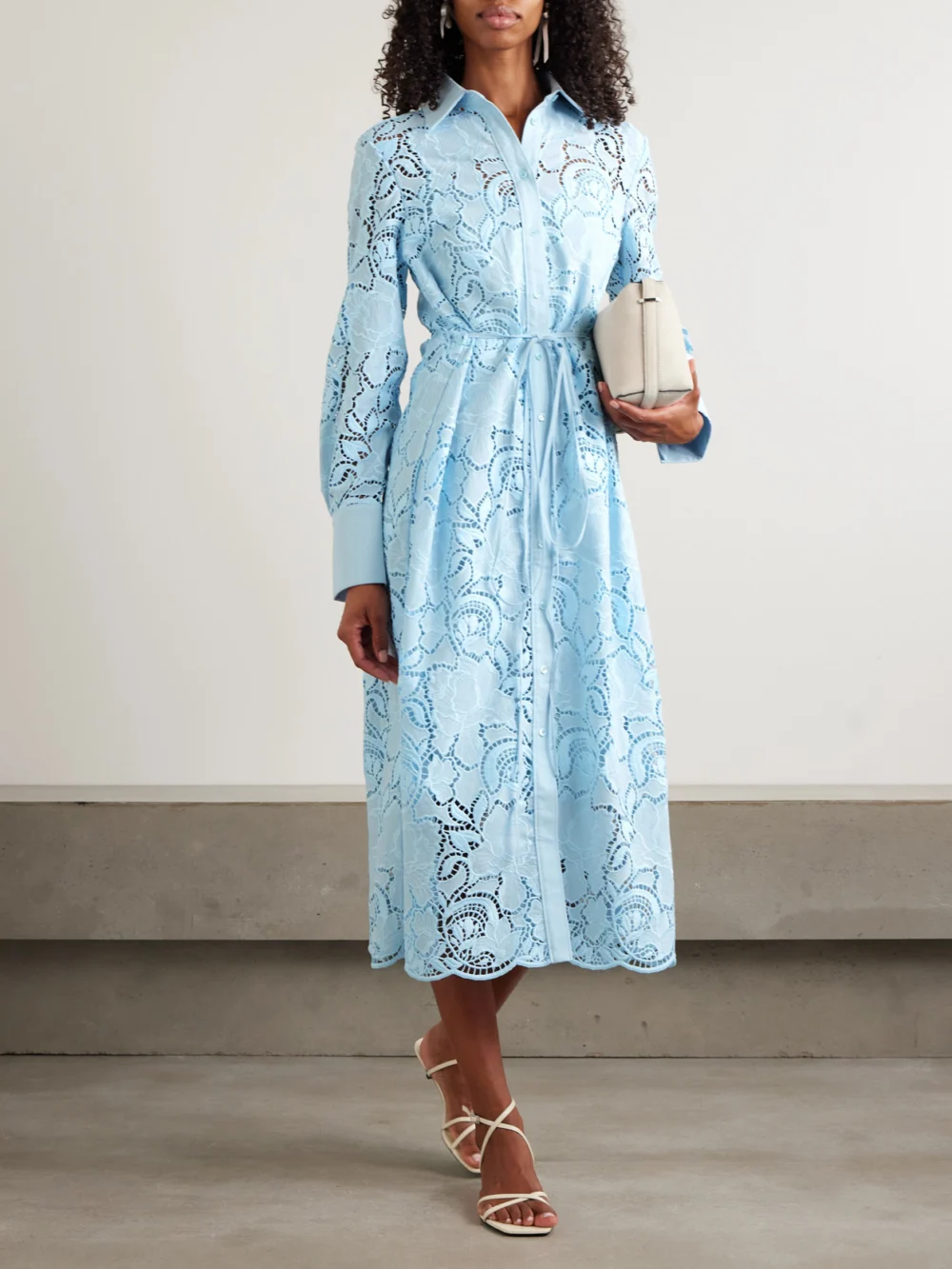 Erdem Belted Broderie Anglaise Cotton-poplin Midi Shirt Dress, worn by a model