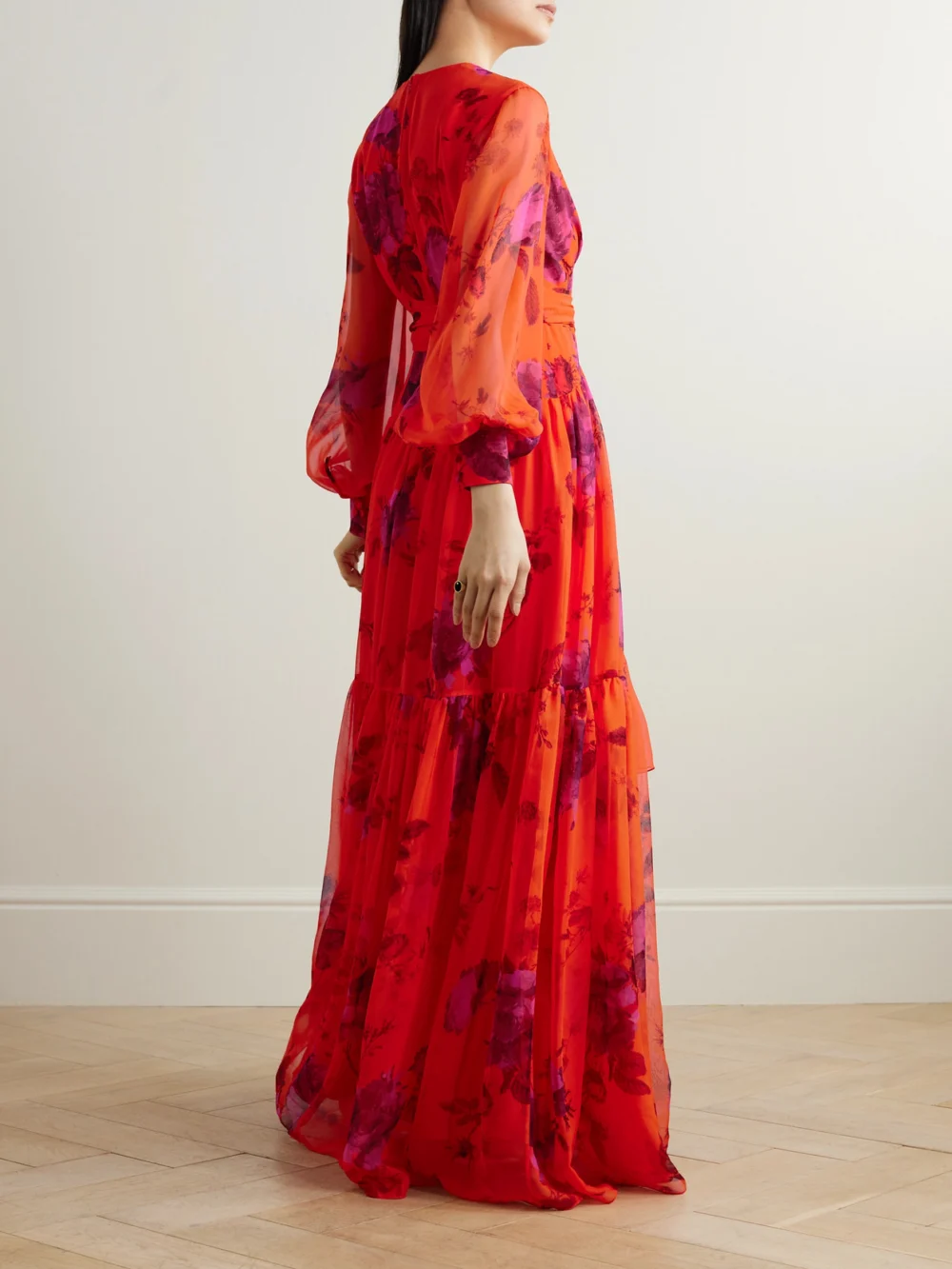 Back view of the Erdem Belted Floral-print Tiered Silk-chiffon Maxi Dress