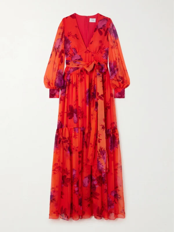 Erdem Belted Floral-print Tiered Silk-chiffon Maxi Dress