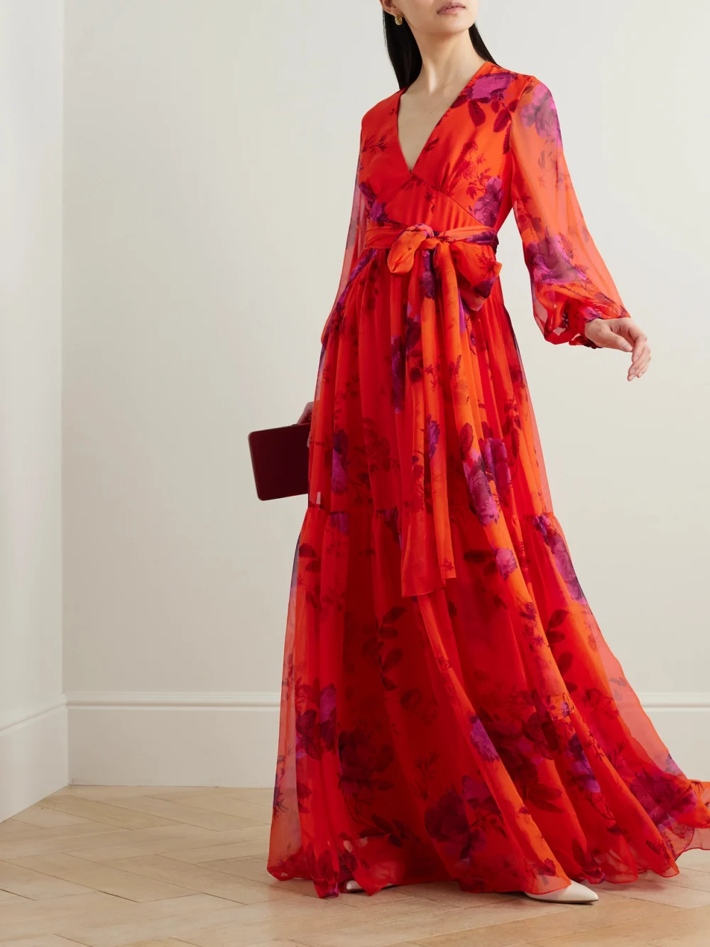 Erdem Belted Floral-print Tiered Silk-chiffon Maxi Dress, worn by a model