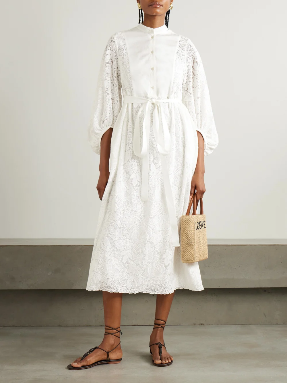 Erdem Belted Poplin-paneled Cotton-lace Midi Shirt Dress, worn by a model