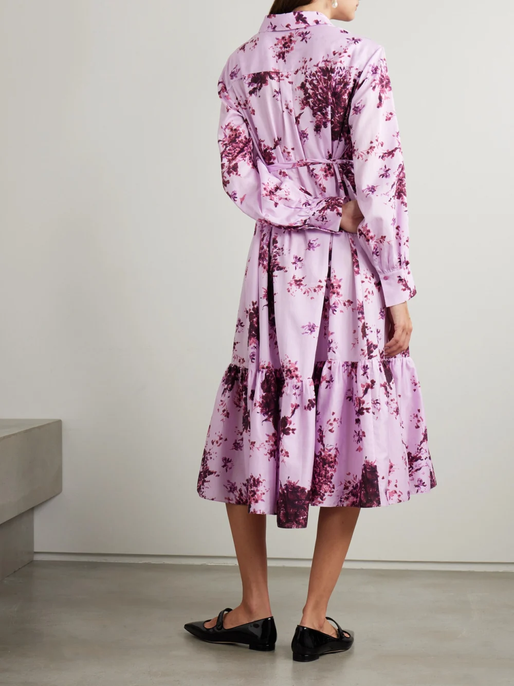 Back view of the Erdem Belted Tiered Floral-print Cotton Midi Dress