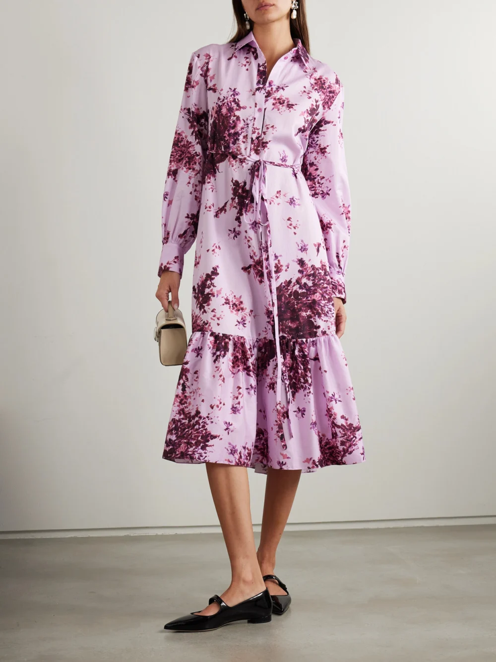 Erdem Belted Tiered Floral-print Cotton Midi Dress, worn by a model