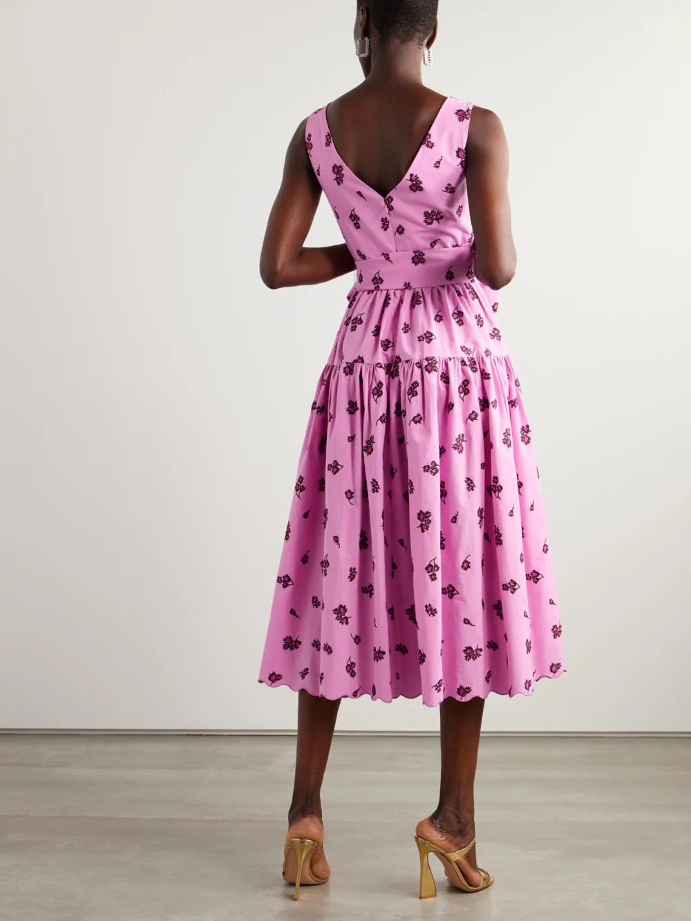 Back view of the Erdem Belted Tiered Scalloped Embroidered Cotton-blend Midi Dress