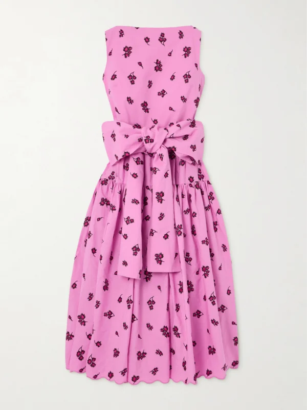 Erdem Belted Tiered Scalloped Embroidered Cotton-blend Midi Dress