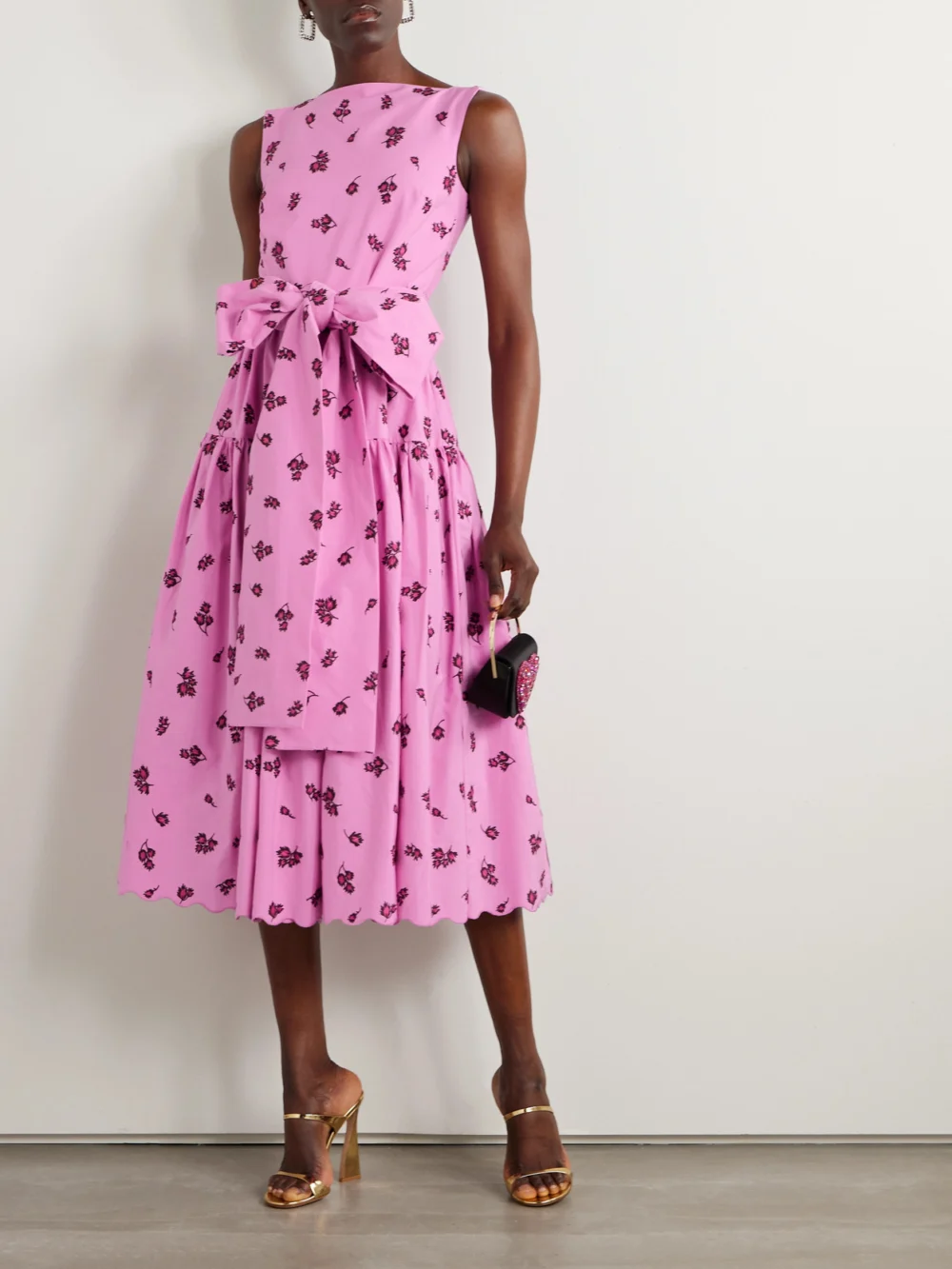 Erdem Belted Tiered Scalloped Embroidered Cotton-blend Midi Dress, worn by a model