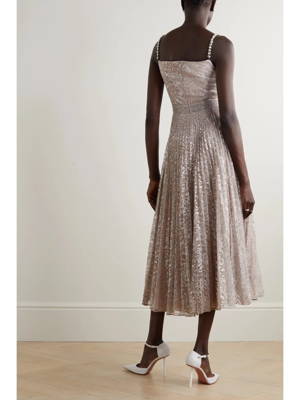 Back view of the Erdem Dorinda Embellished Metallic Chantilly Lace Midi Dress
