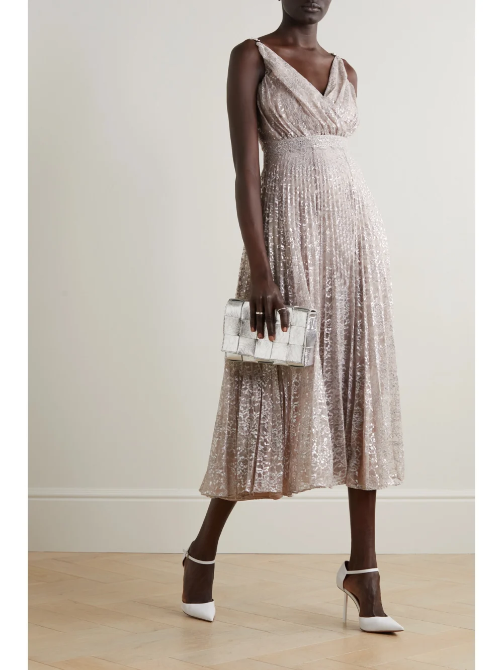 Erdem Dorinda Embellished Metallic Chantilly Lace Midi Dress, worn by a model