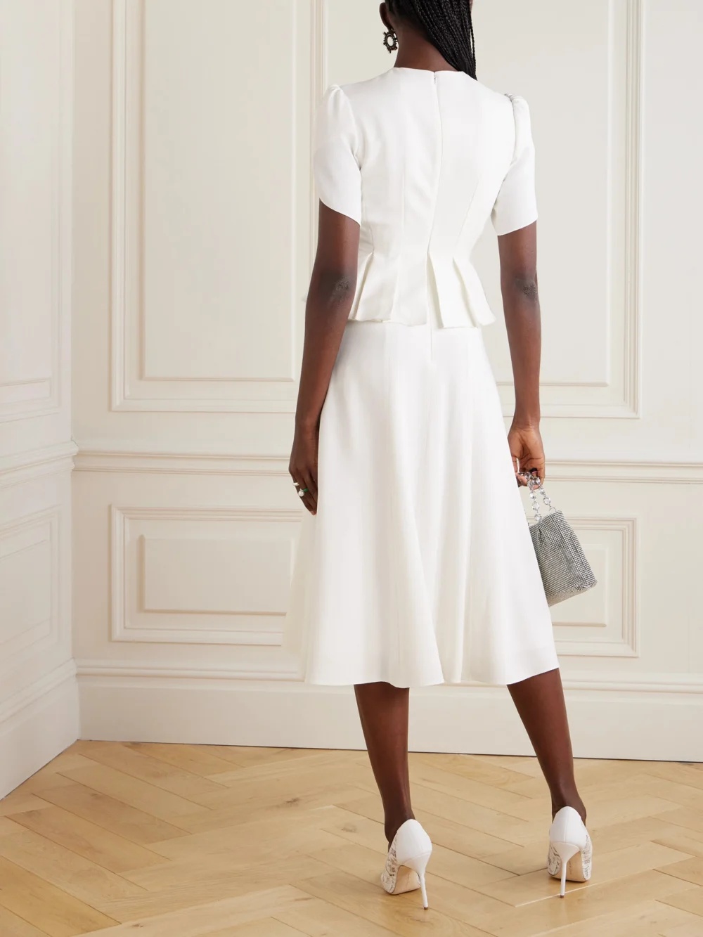 Back view of the Erdem Embellished Crepe Peplum Midi Dress