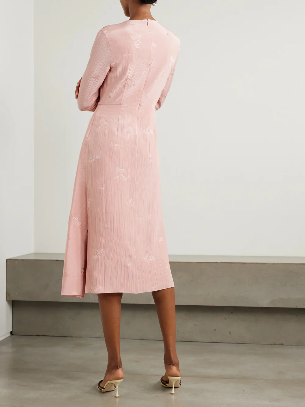 Back view of the Erdem Embellished Draped Crinkled-silk and Cotton-blend Jacquard Midi Dress