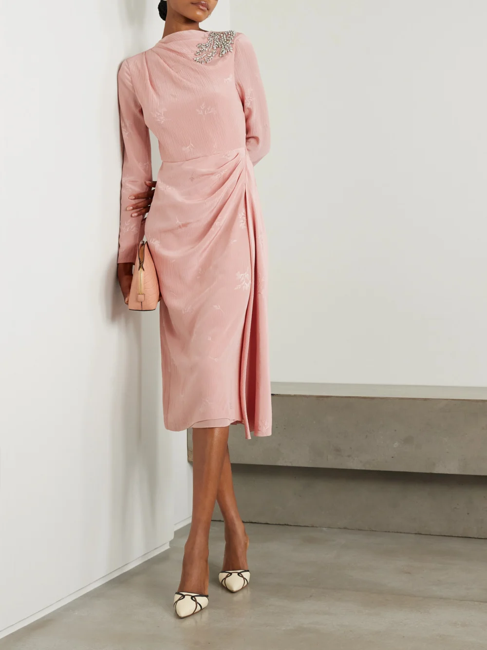 Erdem Embellished Draped Crinkled-silk and Cotton-blend Jacquard Midi Dress, worn by a model