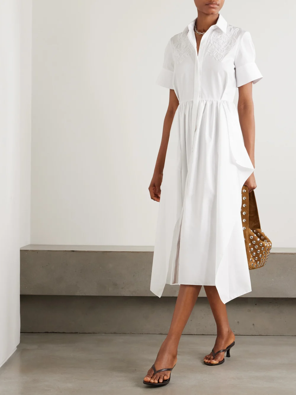 Erdem Embroidered Gathered Cotton-poplin Midi Shirt Dress, worn by a model