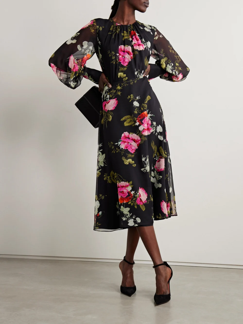 Erdem Floral-print Silk-chiffon Midi Dress, worn by a model