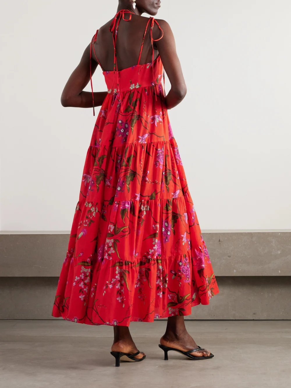 Back view of the Erdem Floral-print Tiered Cotton-poplin Maxi Dress
