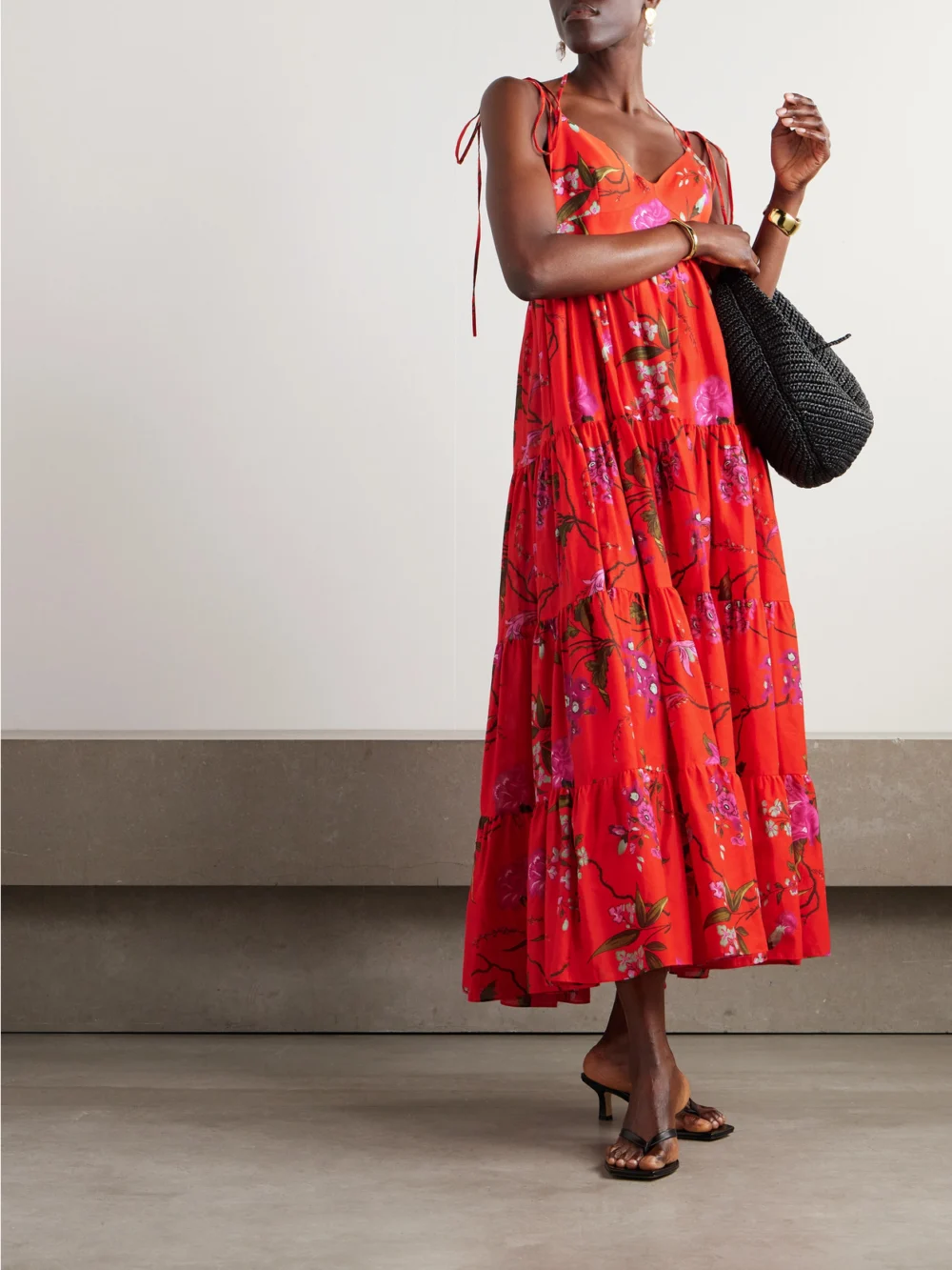 Erdem Floral-print Tiered Cotton-poplin Maxi Dress, worn by a model