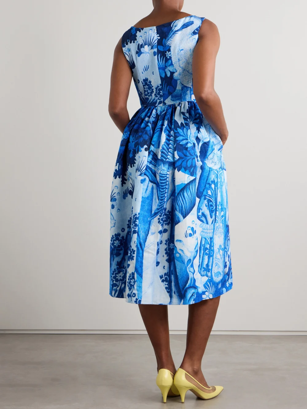 Back view of the Erdem Gathered Floral-print Cotton-blend Faille Midi Dress