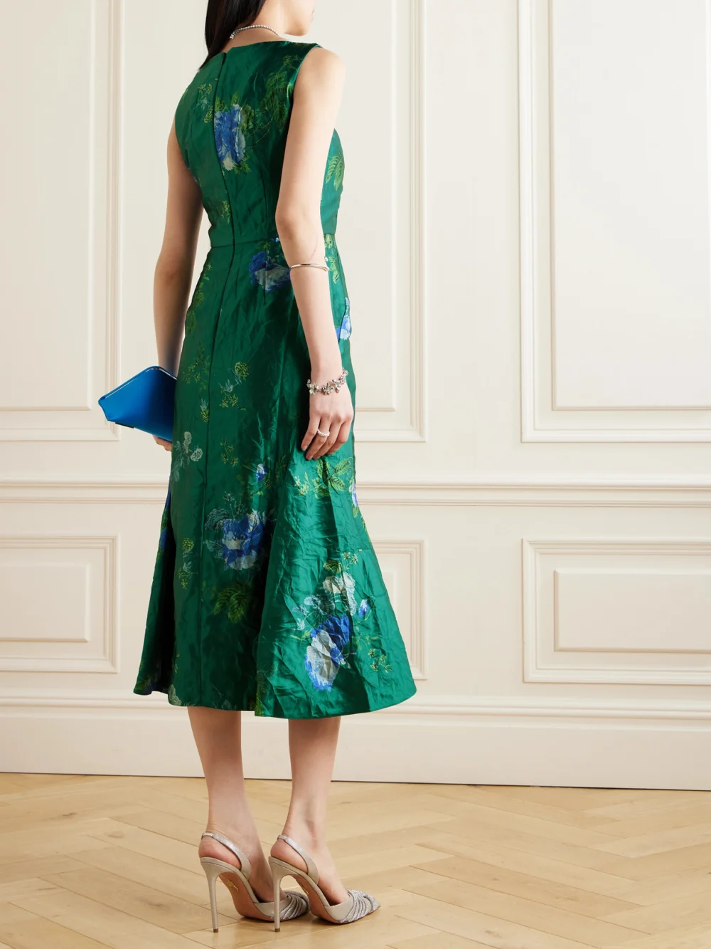 Back view of the Erdem Gathered Floral-print Crinkled-satin Midi Dress