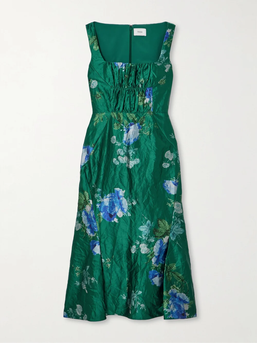 Erdem Gathered Floral-print Crinkled-satin Midi Dress in teal