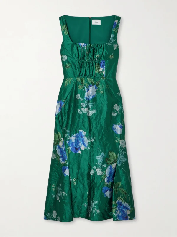 Erdem Gathered Floral-print Crinkled-satin Midi Dress