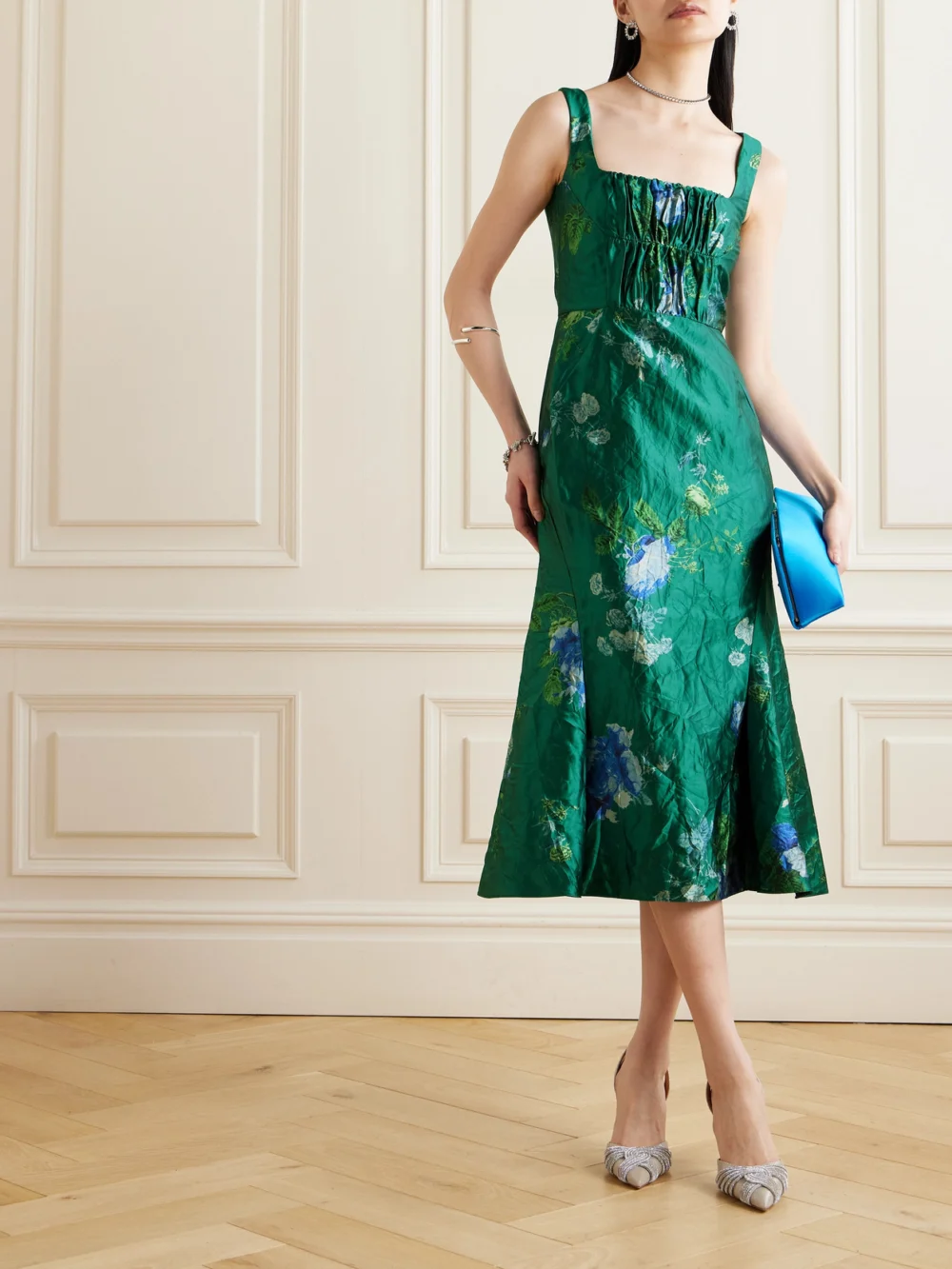 Erdem Gathered Floral-print Crinkled-satin Midi Dress, worn by a model